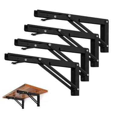 Imagem de Suportes de prateleira dobráveis – Suporte de prateleira dobrável de metal resistente para mesa de banco, dobradiça de prateleira montada na parede Suporte faça você mesmo, carga máxima: 68 kg (12 polegadas 4 peças, preto)