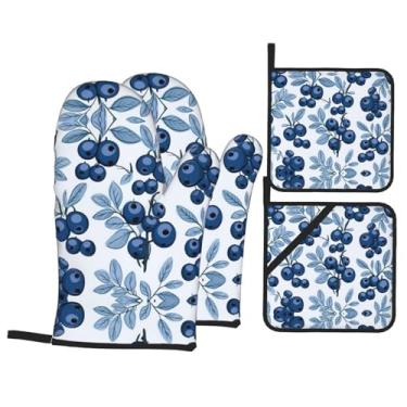 Imagem de Yummy Blueberries. Conjunto de luvas de forno impressas, conjunto de 4 peças adequado para grelhar, cozinhar e assar