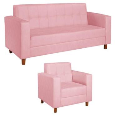 Imagem de Kit Sofá 2 Lugares e Poltrona Denver Suede - Amarena Móveis, Rosa Bebê