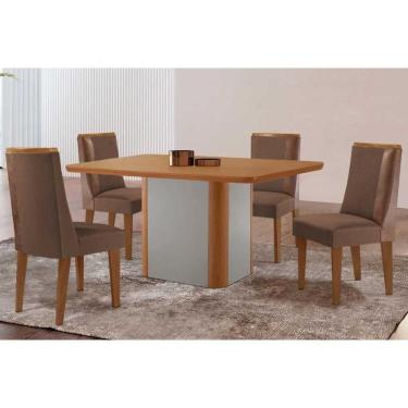 Imagem de Conjunto: Mesa de Cozinha Pietá Tampo Curvo 120cm+4 Cadeiras Tilia Madeira Naturale/Off White - Capuccino/Suede Marrom - Rufato