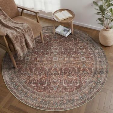 Imagem de HUGEAR Tapete redondo de 1,2 m, lavável à máquina, tijolo, vermelho, corredor, 10 x 10 cm, pequeno, círculo, floral, camada baixa, tapete aspirável, sala de estar, lavanderia, entrada, antiderrapante