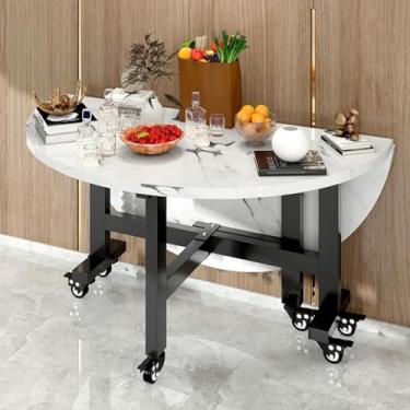 Imagem de Mesa dobrável com folhas redondas móveis, mesa de cozinha com borda redonda, tampo de mesa de textura de mármore, mesa de jantar dobrável com 6 rodas, mesa lateral de sofá para espaços pequenos (cor