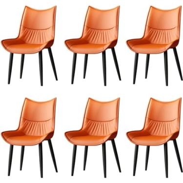 Imagem de RROUAN Cadeira de jantar de couro PU, conjunto de 6 cadeiras de cozinha modernas de meados do século, cadeira lateral com pernas de aço carbono, cadeira de maquiagem com encosto curvo