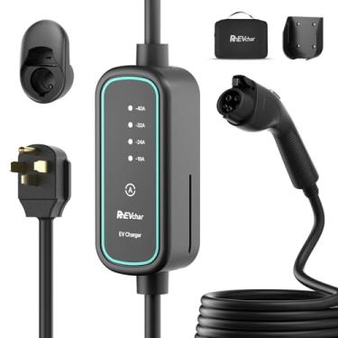 Imagem de RhEVchar Carregador portátil 40A Nível 2 EV J1772 Amperes ajustáveis 240 V Carregadores de carro elétrico móvel com plugue NEMA 14-50, cabo de 6 m, suporte de parede, bolsa de armazenamento de viagem