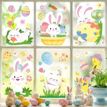 Imagem de Joeyan 75 adesivos de janela de Páscoa, 9 folhas de decorações de Páscoa felizes com ovos e flores de coelhinho, decalque reutilizável para decoração de parede de porta de vidro para casa, escritório