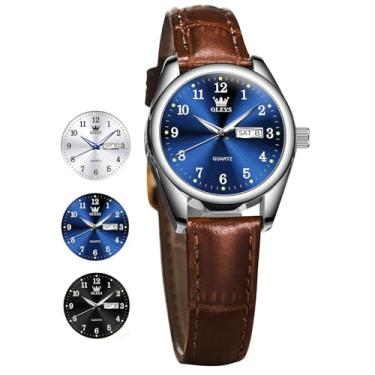 Imagem de OLEVS Relógios femininos à prova d'água clássico relógio de couro analógico quartzo casual elegante relógio de pulso de rosto pequeno vintage de luxo com data, dia e numerais arábicos, mostrador para