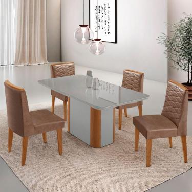 Imagem de Mesa De Jantar Isadora 120cm Tampo Mdf Vidro Com 4 Cadeiras Tork Naturale Serigrafia Off White