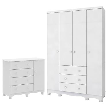 Imagem de Jogo De Quarto Infantil Júnior Guarda Roupa 4 Portas E Cômoda 1 Porta Branco Brilho - Móveis Peroba