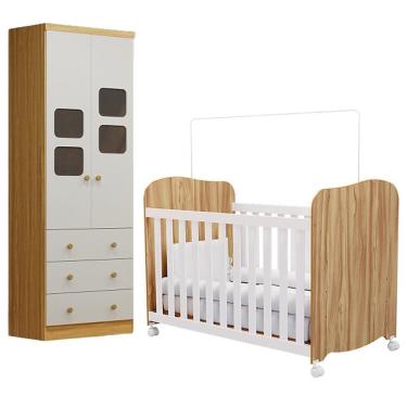 Imagem de Jogo De Quarto Infantil Uli Guarda Roupa 2 Portas E Berço Branco Brilho/amêndoa - Móveis Peroba