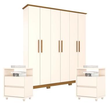 Imagem de Guarda Roupa Casal Cover Com Kit Mesa De Cabeceira Campeche Off White Nature - Henn