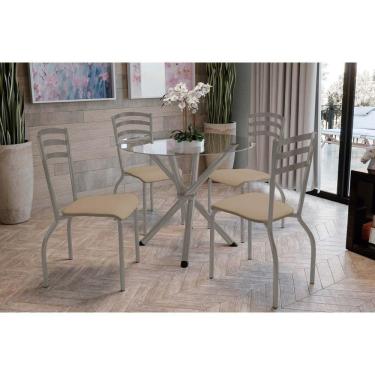 Imagem de Conjunto: Mesa Sala Jantar Volga C- Tampo De Vidro 95cm E 4 Cadeiras Portugal Niquel - Courano Capuccino - Kappesberg