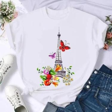 Imagem de Camiseta Feminina Verão - Manga Curta com Estampa Floral de Borboleta,