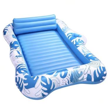 Imagem de Espreguiçadeira inflável de bronzeamento para 2 pessoas, espreguiçadeira flutuante extragrande com porta-copos, boia de banho de sol 2 em 1 e boia de piscina para adultos, colchão de ar portátil para