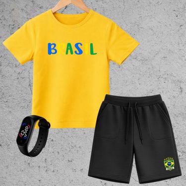 Imagem de Kit Infantil Brasil Completo Camiseta Short Moletinho Relógio Digital Look Menino Presente-Unissex