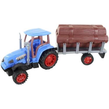 Imagem de Brinquedo Trator Caçamba Madeira Miniatura Articulável Azul Fricção - 