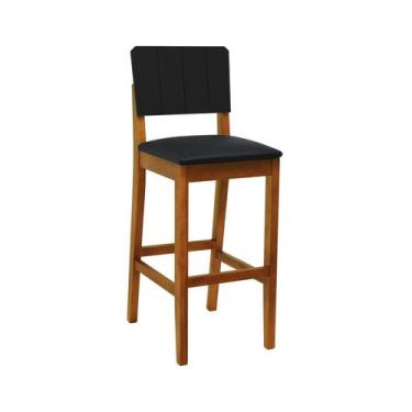 Imagem de Banqueta Alta Bistrô Linhas Madeira Maciça Encosto MDF Laqueado Preto 