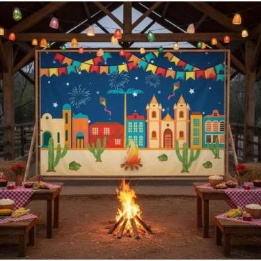 Imagem de Painel de Lona Festa Junina Arraiá Cidade Fogueira Bandeirinhas Cactos