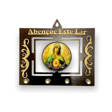 Imagem de Porta Chave Sagrado Coração de Maria Resinado Madeira - SANTISSIMA