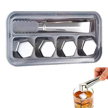 Imagem de HIOD Cubos de gelo de aço inoxidável, pedras refrescantes reutilizáveis para vinho de uísque, mantenha sua bebida fria por mais tempo, prateleira de vinho para vinho, 4 peças