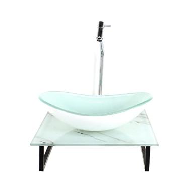 Imagem de KIT CUBA DE VIDRO OVAL 10MM COM TAMPO DE VIDRO 40CM X 40CM MÁRMORE BRANCO E SUPORTE TORNEIRA VALVULA