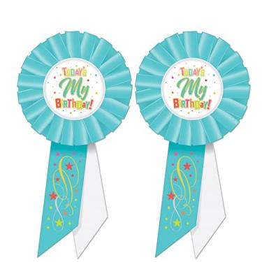 Imagem de Beistle 2 peças de tecido de cetim Happy Birthday Rosette Award Fitas lembrancinhas de festa suprimentos e decorações, 16,5 x 8,2 cm, multicolorido