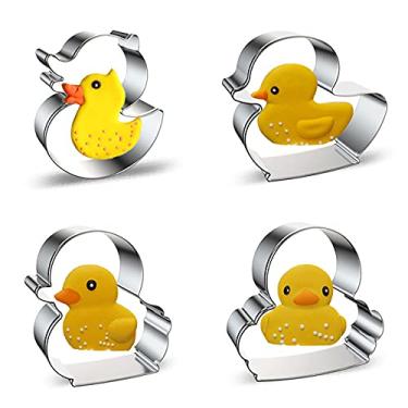 Imagem de azflyife Conjunto de 4 cortadores de biscoito em forma de pato – Molde de biscoito de aço inoxidável de metal fofo de pato e patinho para decoração de festa de aniversário de crianças