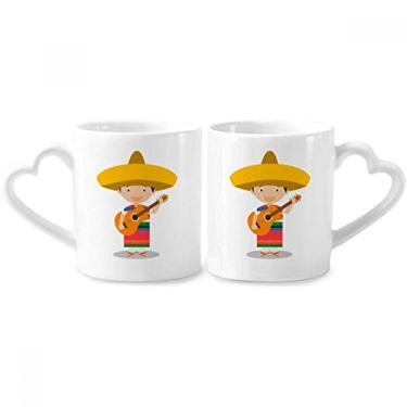 Imagem de Conjunto de canecas de porcelana para casais, de desenho animado do México, chapéu, guitarra, coração