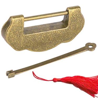 Imagem de Fechadura antiga, estilo retrô, cadeado antigo, tranca vintage esculpida com borla para porta de armário, caixa de joias (bronze verde)
