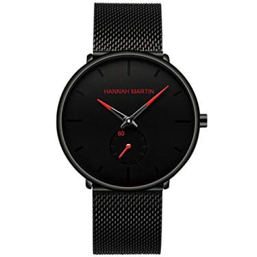 Imagem de HANNAH MARTIN Relógio masculino preto ultra fino relógio de pulso masculino moda impermeável vestido pulseira de aço inoxidável, Vermelho, Japonês