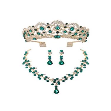 Imagem de Holibanna Conjunto de joias com strass, coroa e colar, brincos, conjunto de joias de casamento, tiaras, conjunto de joias para festas, banquetes, bola verde Medium Verde