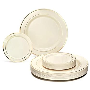 Imagem de Pacote com 50 pratos, conjunto de pratos de plástico descartáveis premium pesado (jantar de 63 x 26 cm + pratos de bolo de 64 x 16,25 cm) borda marfim e ouro