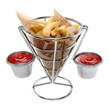 Imagem de Petisqueira Cone Com Molheiras E Suporte Porta Batata Fritas Cor:Prateado