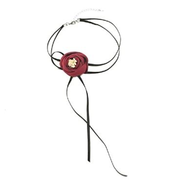Imagem de Gargantilha preta colar de botão de flor colar de flor com cadarço para mulheres menina boho veludo-gargantilha colar de flor de cetim colar gargantilha de flores para meninas tecido de fita