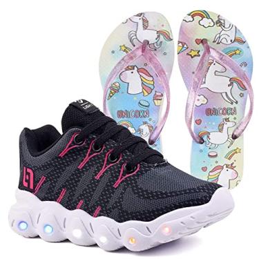 Imagem de Tenis Infantil De Led Feminino Meninas Luz + Chinelo Light Cor:Preto;Tamanho:29