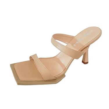 Imagem de CsgrFagr Sandálias femininas de verão de couro sólido com bico aberto, cabeça quadrada, salto alto, sandálias planas tamanho 11 feminino, Caqui, 7.5