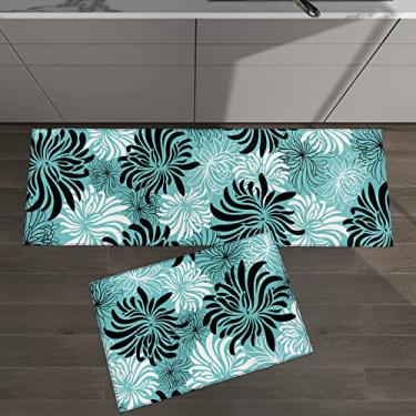 Imagem de Conjunto de 2 tapetes de cozinha com estampa floral crisântemo preto azul-petróleo verde para tapetes acolchoados e tapetes antiderrapantes absorventes corredor confortável tapete de pé