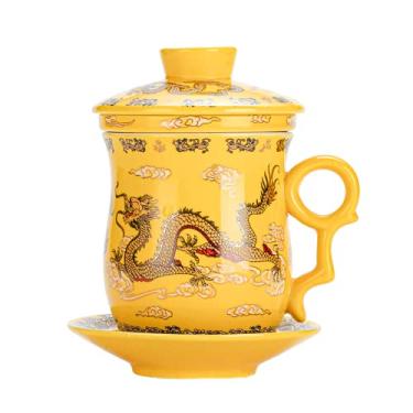 Imagem de TONGMAN Infusor de xícara de chá de porcelana azul e branca conjunto de 4 peças com tampa e pires - Sistema de fabricação de folhas soltas de 382 g para escritório de viagem - Padrão de dragão chinês