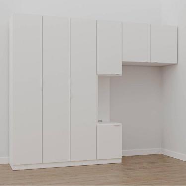 Imagem de Guarda Roupa Modulado de Solteiro com Mesa de Cabeceira Esquerda 7 Portas 3 Peças Hera Cabecasa Made Branco Geada/Cromado