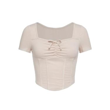 Imagem de Milumia Camiseta feminina cropped canelada com nó frontal manga curta franzida bainha curvada espartilho tops, Bege, 13 Anos