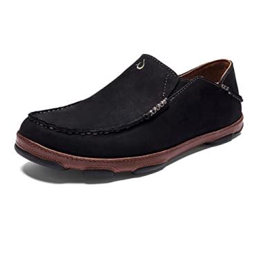 Imagem de OLUKAI Moloa Sapatos masculinos de couro premium, design fácil de calçar e descalçar, mocassins casuais e versáteis, salto embutido e tração aprimorada, preto/caramelo, 42, Preto/caramelo, 41