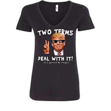 Imagem de Camiseta feminina Two Terms Deal with It gola V Donald Trump Troll Meme MAGA 2020, Preto, XXG
