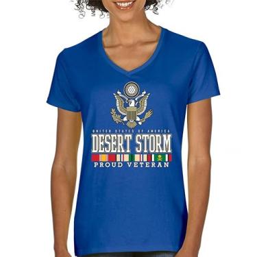 Imagem de Camiseta feminina Desert Storm Proud Veteran com decote em V American Army Gulf War Operation Served DD 214 Veterans Day Patriot Tee, Azul, P