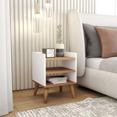 Imagem de Mesa De Cabeceira Retrô Pés Palito De Madeira Mesinha Lateral Branco + Freijó