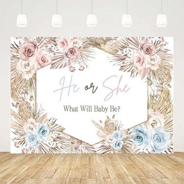 Imagem de ABLIN Pano de fundo boho de 2,1 x 1,5 m para ele ou ela, o que será o bebê, faixa de revelação de gênero, faixa de grama, fotografia, decoração de festa, adereços de cabine de fotos, multicolorido