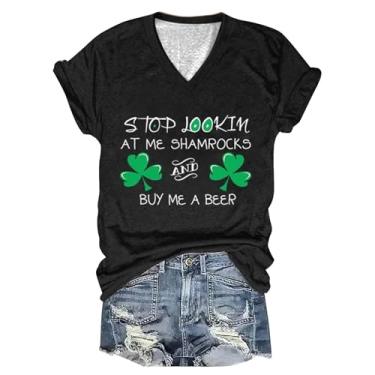 Imagem de Camisetas femininas do Dia de São Patrício com estampa da bandeira irlandesa, túnica verde, blusas casuais de manga curta, Preto, M