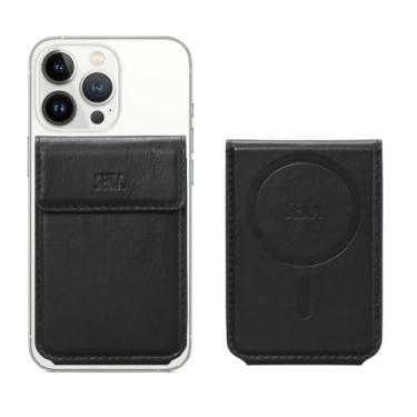 Imagem de Tahamus Carteira dobrável Sena com fecho de pressão Mag, acessório para Apple iPhone 12/13/14/15 Pro/Max/Max Pro, carteira de couro para iPhone com MagSafe, Preto, Porta-cartão magnético de couro