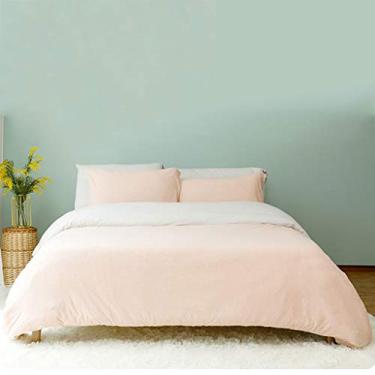 Imagem de Jogo de lençol e fronha de cama de quatro peças 100% algodão tricotado com absorção de umidade e impressão reativa respirável frente e traseira design de superfície AB (rosa (12,7 cm)
