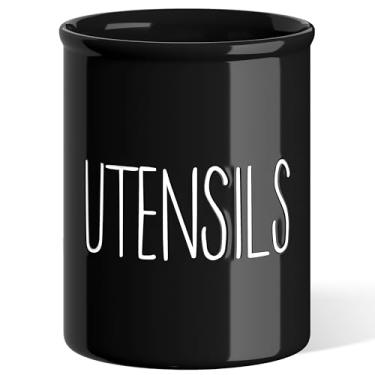 Imagem de Barnyard Designs Suporte de utensílios de cozinha de cerâmica para bancada, pote decorativo de utensílios de cozinha para balcão, suporte de espátula, 18 cm (preto)