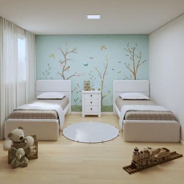 Imagem de Quarto Infantil com 2 Camas de Solteiro Loop e 1 Mesa de Cabeceira Maggiore Branco