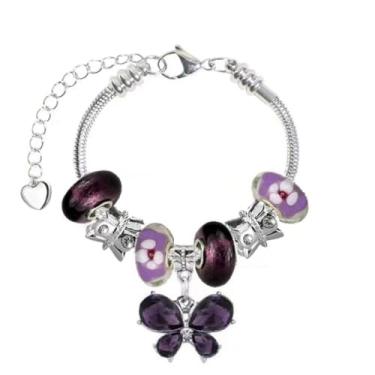 Imagem de White Birch Pulseiras Pandora com berloques ajustáveis de 17 a 21 cm, joias de flores e borboletas, 8.3 Inch, Vidro